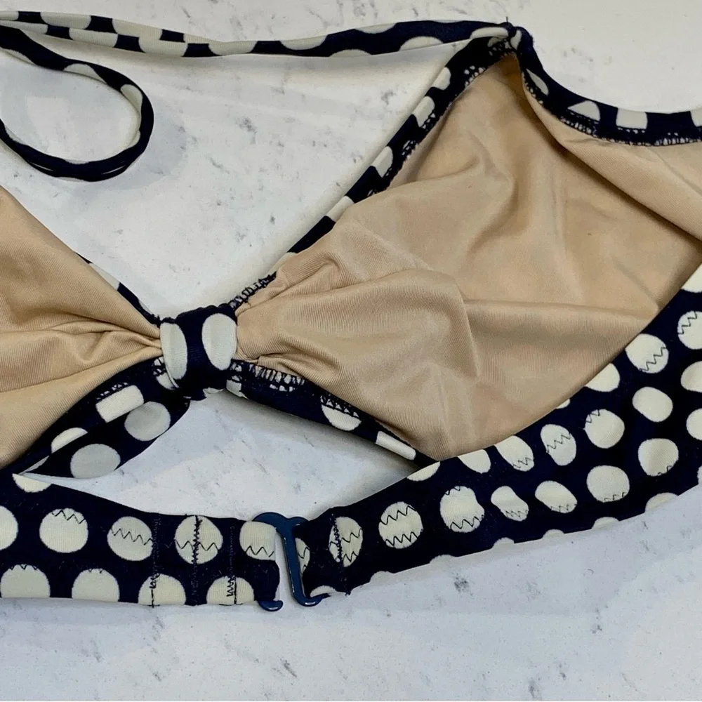 J. CREW Polka Dot Bikini Top Swim Navy Cream Size XL